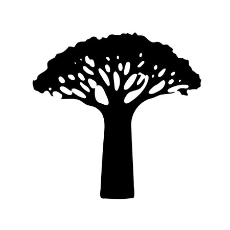 A simple black silhouette of a baobab tree, isolated on a white background. Perfect for nature and design projects.のイラスト素材