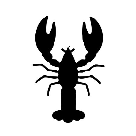 A black silhouette of a lobster against a white background. Perfect for logos, menus, and nautical themes.のイラスト素材