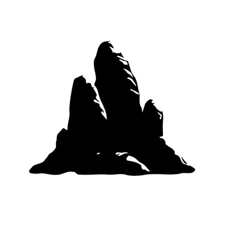 A bold silhouette of jagged mountain peaks against a white background. Minimalist style evokes a sense of adventure and wilderness.のイラスト素材
