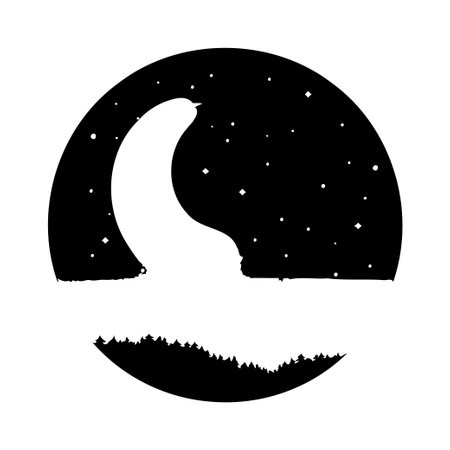 A minimalist black and white landscape featuring a crescent moon, starry night sky, and silhouette of a forest.のイラスト素材