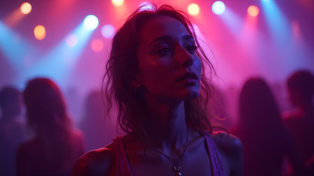 A woman stands out in a crowded nightclub, bathed in pink and blue lights, with a bokeh effect enhancing the vibrant atmosphere.の素材