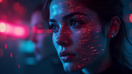 Close-up of a woman's face with glowing red light patterns on her skin in a futuristic styleの素材