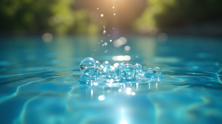 Close-up of water droplets in bright sunlight. Clean, fresh, and natural. Perfect for backgrounds and nature-related content.の素材