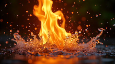 Abstract image of fire and water colliding, showcasing the power and contrast of these two elements in a dynamic splash.の素材