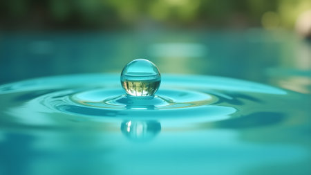 A captivating close-up of a water drop creating ripples. Reflecting nature's tranquil beauty. Ideal for themes of purity, freshness, and serenity.の素材