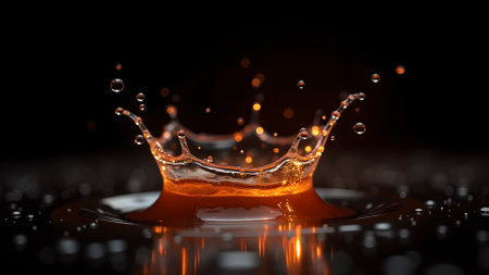 Golden liquid creates a crown splash on a dark surface.  Dynamic motion, droplets frozen in time, captivating visual.の素材