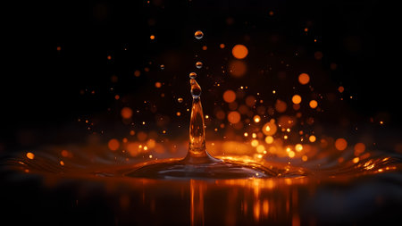 Golden water drop photography. Abstract, fluid motion with bokeh lights and reflections on a black background.の素材