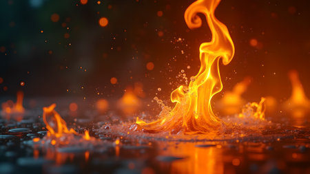 Abstract image of fire flames on a dark surface, surrounded by water droplets. Represents concepts like energy, passion, or danger.の素材
