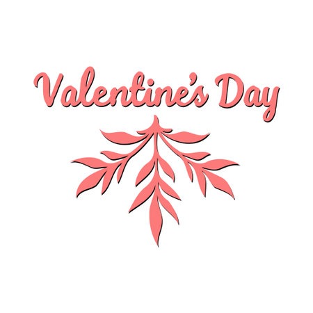 A pink vector illustration for Valentine's day features elegant lettering and a stylized leaf ornament on a clean white backdrop.のイラスト素材