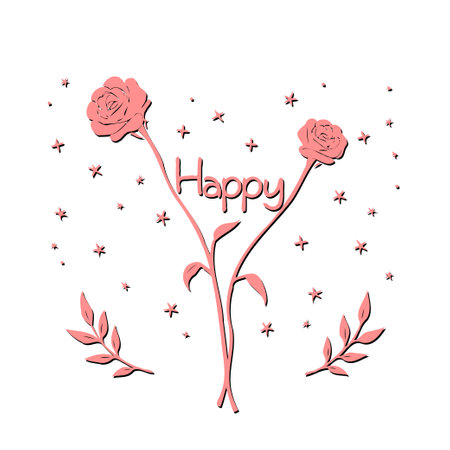 Delicate pink roses frame the word "Happy" amidst a scattering of stars, creating a whimsical floral design perfect for joyous greetings.のイラスト素材
