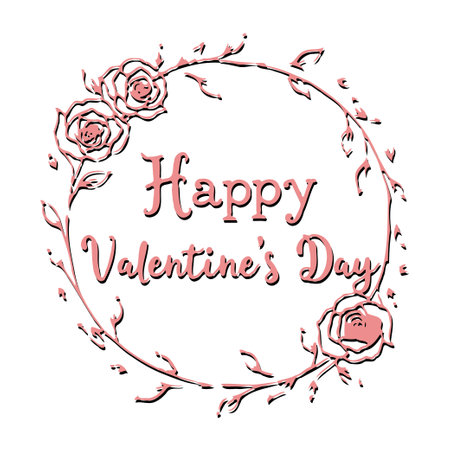 A delicate floral wreath design with 'Happy Valentine's Day' text, perfect for cards, invitations, and festive greetings. It features stylized roses and leaves.のイラスト素材