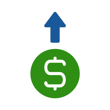 A stylized illustration showing a green coin with a dollar sign and a blue upward-pointing arrow, symbolizing financial growth and investment success.のイラスト素材
