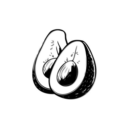 A monochrome illustration of two avocado halves with seeds, perfect for healthy eating and lifestyle themes.のイラスト素材