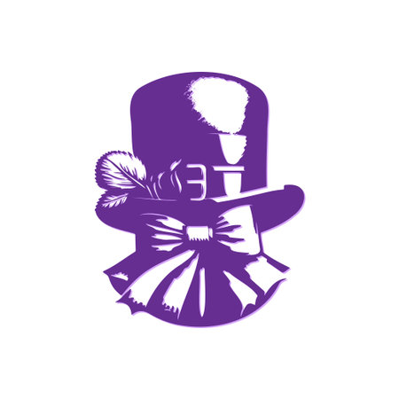 A purple top hat with feather and bow tie in a simple and elegant vector design, great for vintage or theatrical themes.のイラスト素材