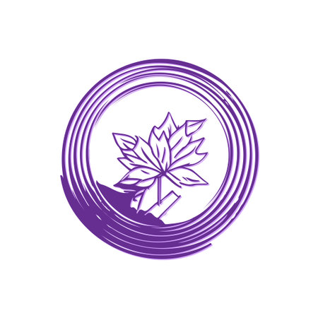 An elegant maple leaf emblem in a purple circle design.のイラスト素材