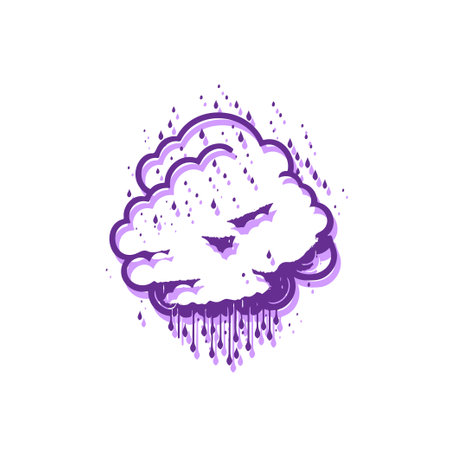 Cartoon angry rain cloud with dripping water, drawing style illustration. Vector graphic design element. Symbol of the rainy bad weather.のイラスト素材