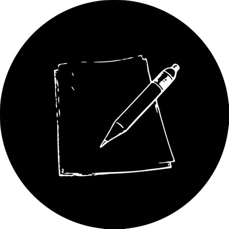 A simple white writing icon featuring a notepad and pen on a black background for creative projects.のイラスト素材