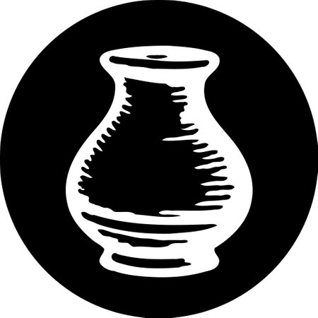 A monochrome drawing of a ceramic vase on a black circle. The illustration is artistic, decorative and vintageのイラスト素材