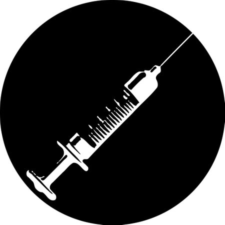 A monochrome illustration of a syringe inside a black circle, used for medical injections and vaccines.のイラスト素材