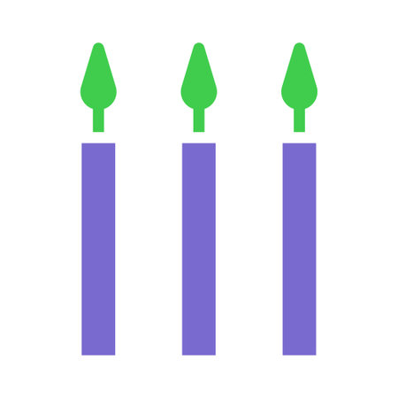 Three minimalist candles with a green flame and violet body. Illustration for party decoration and birthday celebration.のイラスト素材
