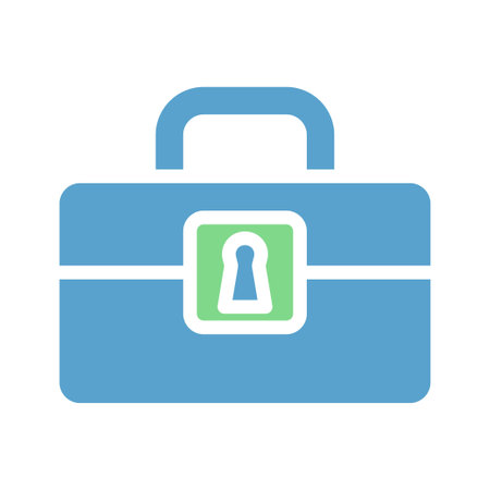 A blue briefcase with a lock symbolizes secure data protection and privacy in a minimalist design.のイラスト素材