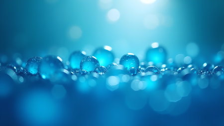 Close-up of glistening aqua spheres, resting on a blurred surface. A fresh, clean and dewy feeling with a vibrant and smooth visual impact.の素材