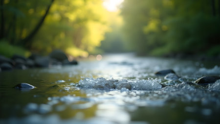 Gentle sunlight touches the water, rocks and trees in the forest. A serene stream flows among rocks, water splashes, creating a peaceful natural scene.の素材