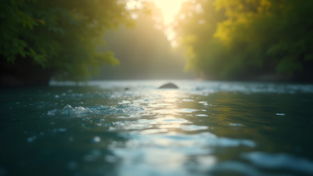 A peaceful stream reflects sunlight filtering through the trees. Water ripples and flows gently, evoking calm and serenity. A fresh and vibrant natural landscape.の素材