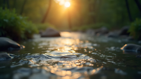 A sun-kissed river scene, bathed in soft light. Gentle ripples create soothing patterns on the water's surface, amidst a serene and picturesque landscape.の素材