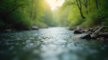 Gentle stream flows through a lush, green forest. Sunlight filters through the canopy, creating a serene and calming atmosphere. Rocks line the banks, adding to the natural beauty.の素材