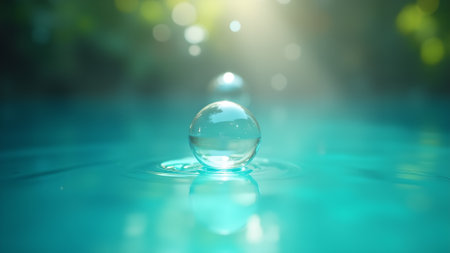 A serene composition featuring a clear glass orb suspended in calm, turquoise water. Ripples and gentle reflections create a tranquil and ethereal visual.の素材