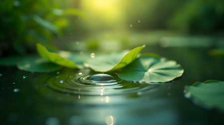 A water droplet creates ripples across the pond surface among the vibrant green lily pads. Sunlight adds shimmering detail to the calm and tranquil scene.の素材