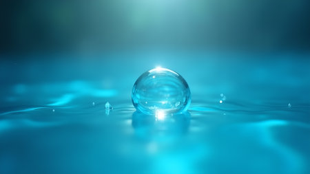 Close-up of a water drop on a serene blue surface, capturing a sense of purity and freshness. Ideal for conveying themes of nature, science, or tranquility.の素材