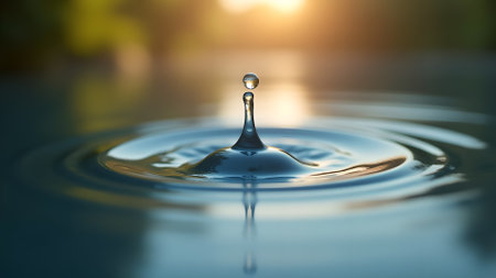 Close-up of a water droplet mid-splash, creating ripples. A serene, natural scene showing the beauty of fluidity.の素材