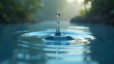 Close-up capture of water droplets creating mesmerizing ripples on a tranquil surface. A serene image evoking purity, freshness, and the beauty of the natural world.の素材
