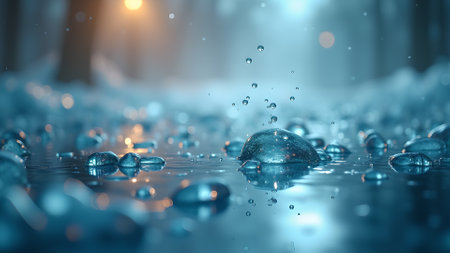 Captivating close-up of water droplets glistening on a reflective surface. Evokes freshness, purity, and the mesmerizing dance of water in motion.の素材