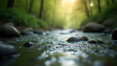 Gentle stream flows among verdant woods, sunlight filtering through leaves. Smooth river rocks punctuate the clear water, creating a refreshing scene of nature's tranquility.の素材