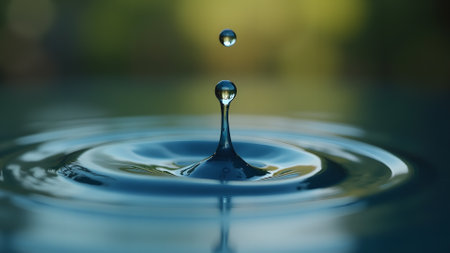 A water droplet creates delicate ripples on the surface. Capturing a sense of purity and motion within a natural environment. Reflecting the surrounding light in clear, translucent form.の素材