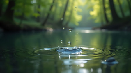 Water drops create delicate ripples on a still forest pool, mirroring the lush green canopy. A serene natural scene of freshness and tranquility.の素材