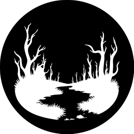 A monochrome silhouette of a natural landscape featuring bare trees and a river within a circular frame.のイラスト素材