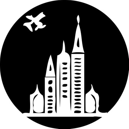 A striking black and white silhouette of a city skyline against a dark night sky, enhanced by a stylized moon.のイラスト素材