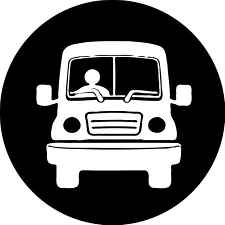 A graphic illustration of a white bus with a driver on a black background.のイラスト素材