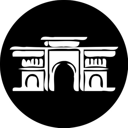 Monochrome icon of an architectural structure within a bold black circle, showcasing a minimalist and graphic design.のイラスト素材