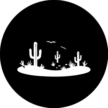 A simple black and white illustration of a desert landscape with cacti and birds.のイラスト素材