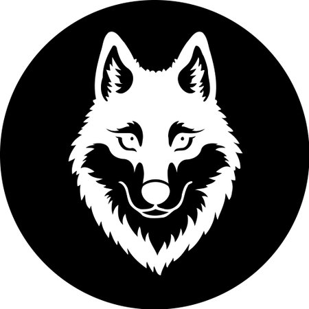 Monochrome artistic depiction of a wolf head in a circle. Ideal for logos, designs, and...