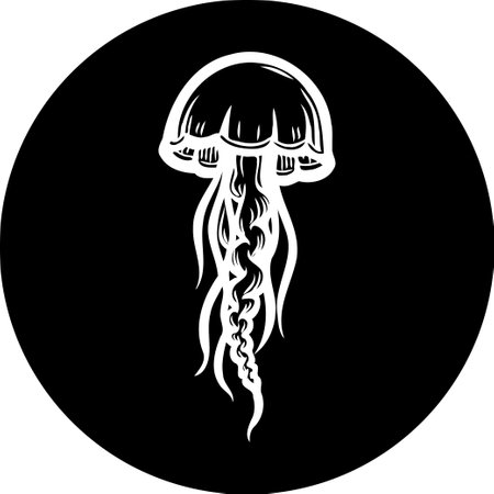 Monochromatic jellyfish vector on a black circular backdrop. Suitable for graphic design projects.のイラスト素材