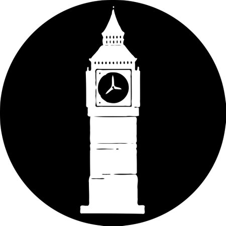 Black and white silhouette of a historic clock tower.のイラスト素材