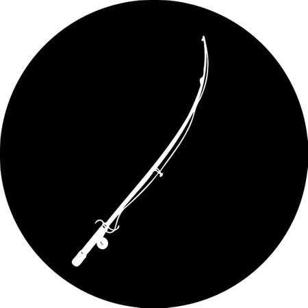 A white fishing rod silhouette against a solid black circle, perfect for fishing enthusiasts.のイラスト素材