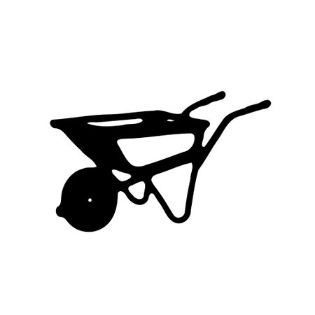 A monochrome illustration depicts a simple wheelbarrow. It's suitable for themes related to gardening, construction, or agriculture. The drawing has a doodle style with a bold and minimalist design.のイラスト素材
