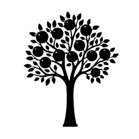 Minimalistic silhouette of a tree bearing round fruits on its branches. The design features a clean, elegant, and modern aesthetic. Suitable for various creative projects.のイラスト素材